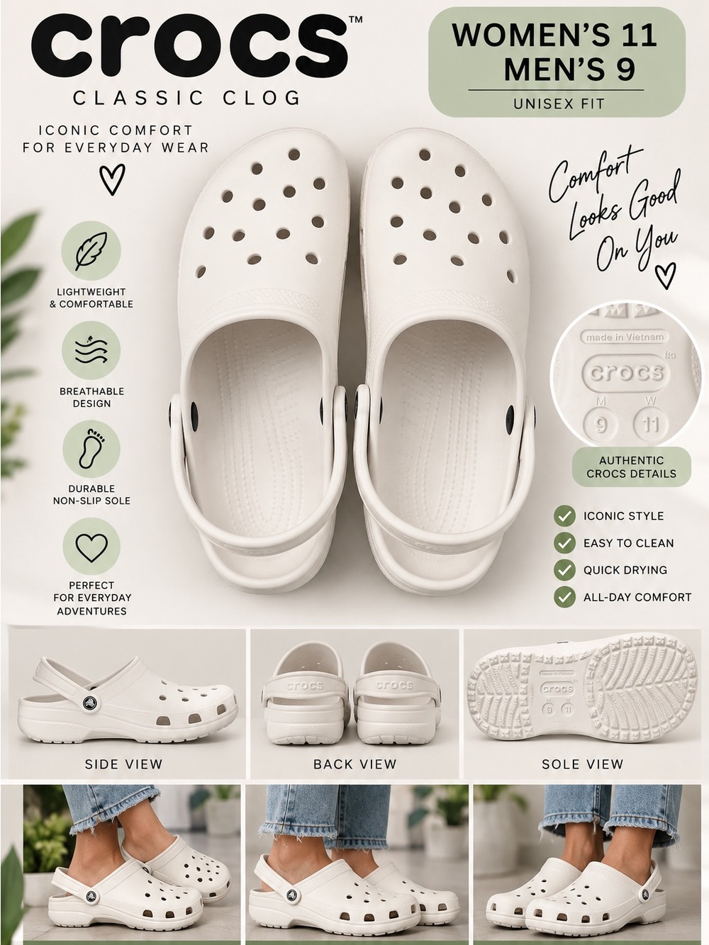 CROCS Classic Clog in White — Women’s Lightweight Comfort Mules